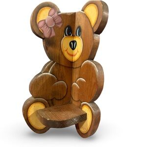 Vintage Wooden Bear Wall Shelf in Brown with Yellow Accents